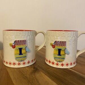 (2) by Anthropologie BUNDLED UP Monogram "I" Winter Coffee Cup Mug  Mitts Preppy